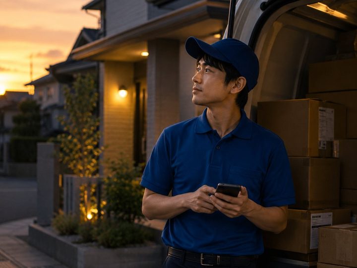 夕暮れに配達を終えたドライバー